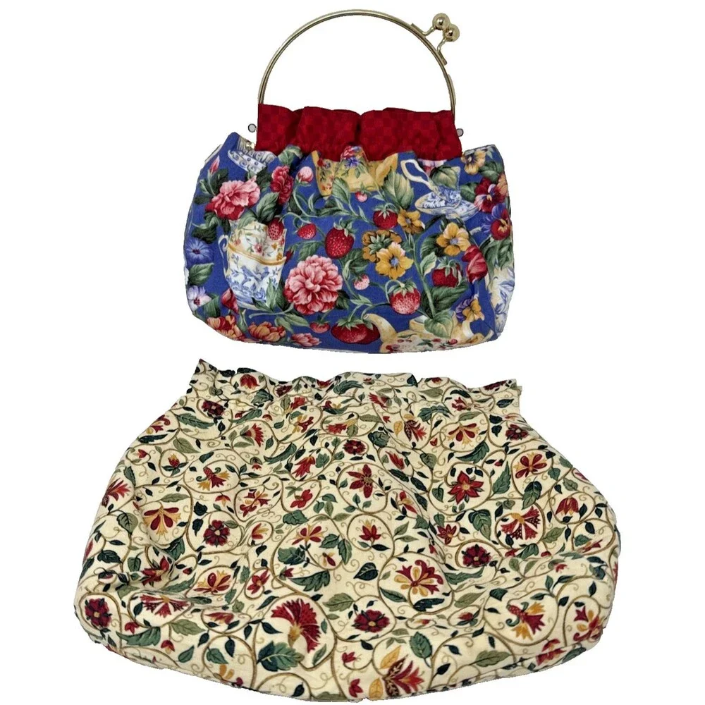 Handmade Brass Handle Bermuda Bag Extra Cover Reversible Florals Cottage Preppy